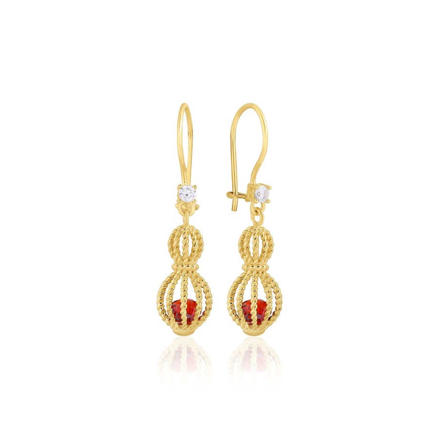 14 Ayar Sarı Altın Garnet Tasarımlı Taşlı Küpe